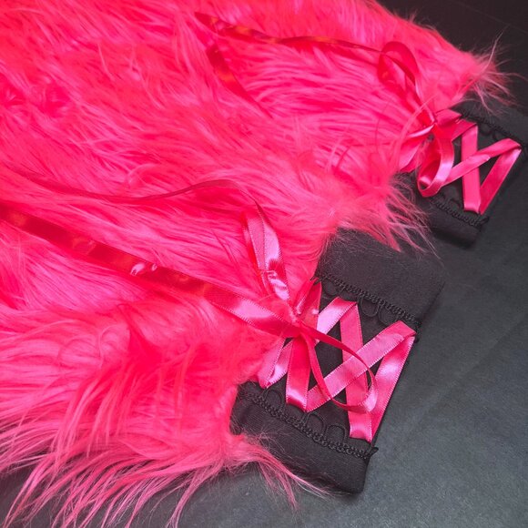 Pink Corset Leg Warmers Black Lace Up Pants Fuzzy Boot Covers Fur Legwarmers Psy - Picture 1 of 7